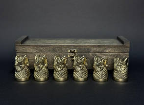 Набір подарунковий бронзових чарок перевертарів 6 штук "Щука" у дерев'яному кейсі ручна робота