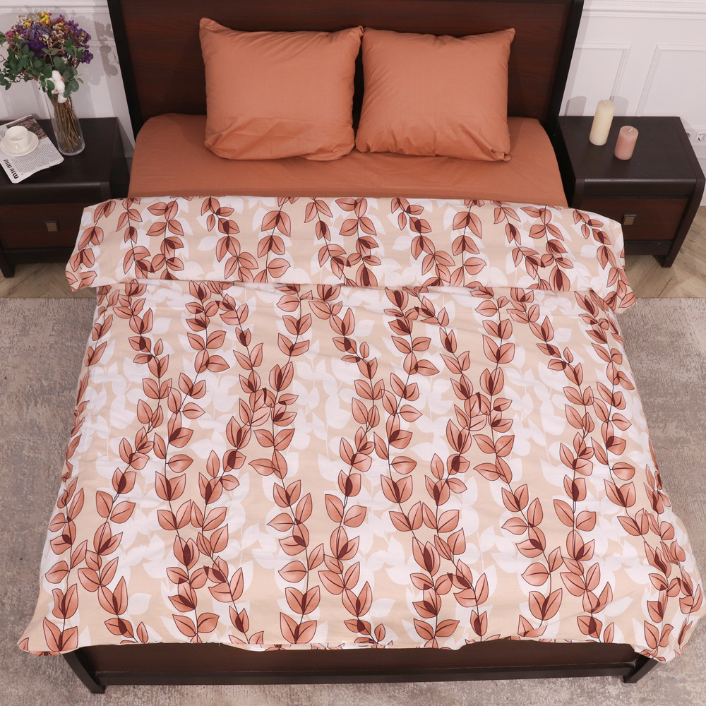 Комбінований Євро максі набір постільної білизни з рослинним принтом листя 200*220 коричневий із Бязі Gold, Черешенька