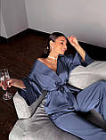 Жіноча атласна піжама на запах у стилі кімоно – синій M (ПІЖ-ШОВ-КІМО-СИН), фото 2
