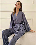 Жіноча атласна піжама на запах у стилі кімоно – синій M (ПІЖ-ШОВ-КІМО-СИН), фото 4