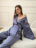 Жіноча атласна піжама на запах у стилі кімоно – синій M (ПІЖ-ШОВ-КІМО-СИН), фото 7