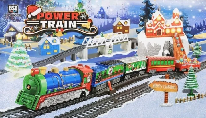 Залізниця Новорічний експрес 21816 чотири вагони і станція з музикою і світлом