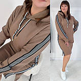 Тепле кавове плаття в спортивному стилі з капюшоном із турецької тринитки на флісі батал, фото 2