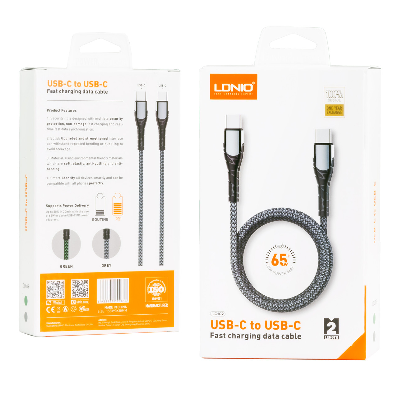 Кабель Type-C-Type-C LDNIO LC102 3A 2м сірий