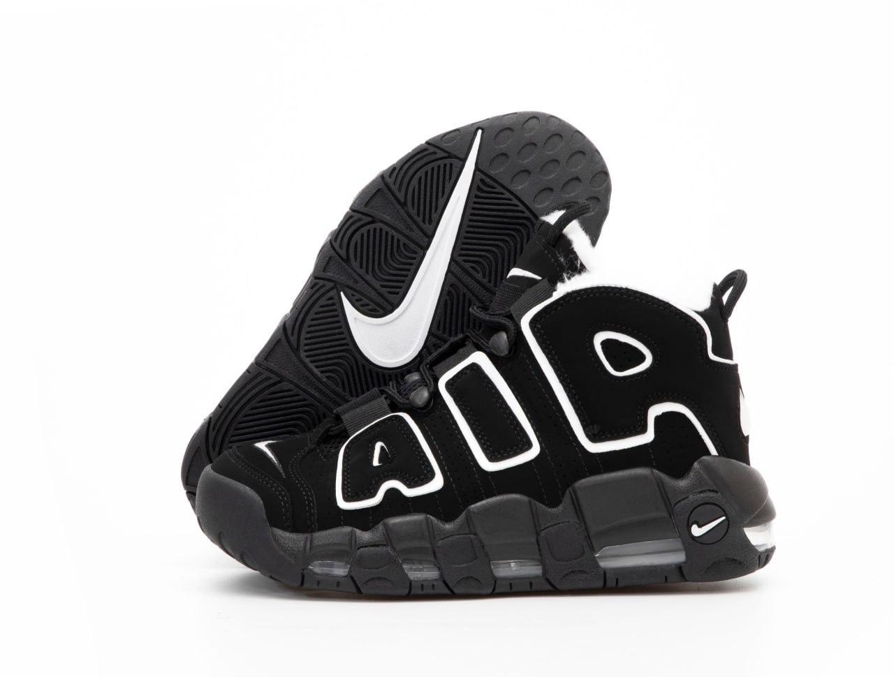 Зимові кросівки Nike Air More Uptempo Total Black Winter Fur Найк Аптемпо жіночі чорні замша з білим хутром