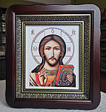 Ікони вінчальні Спаситель та П.Б. Казанська в темному фігурному дерев'яному кіоті під склом, розмір 26 * 23,сюжет 15*18., фото 4