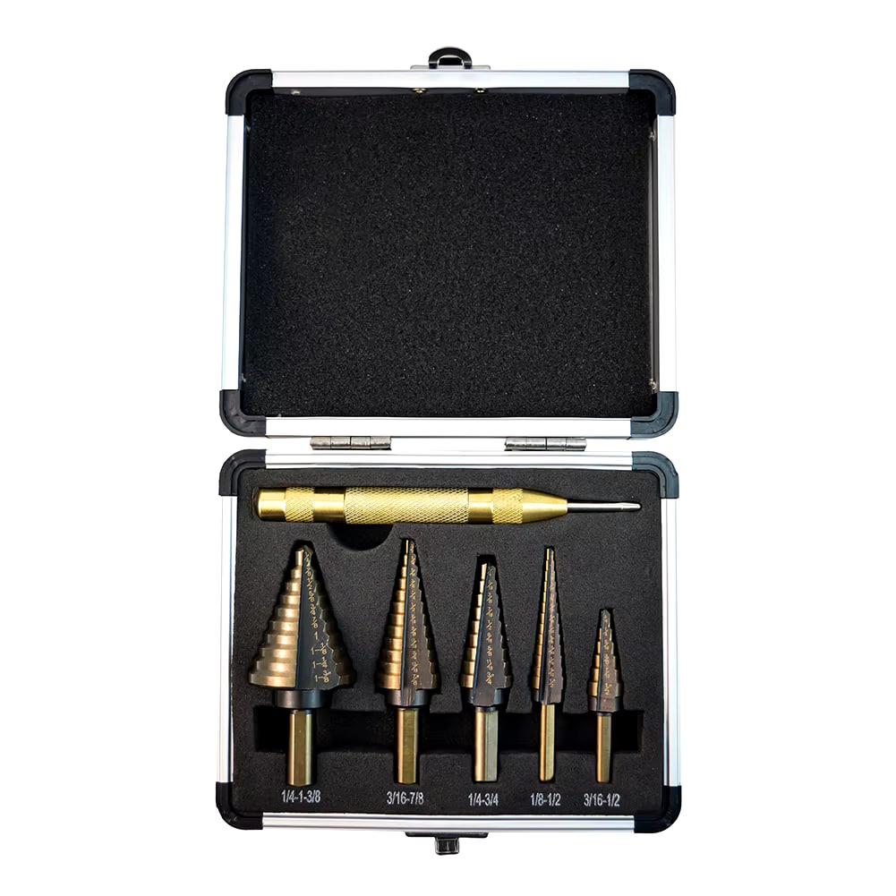 Набір свердловин ступінчастих, крокових 6 в 1 HSS 3/16-1/2; 1/8-1/2; 1/4-3/4; 3/16-7/8; 1/4-1-3/8мм + Кернер 130, фото 1