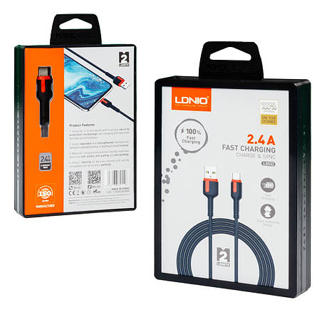 Кабель USB - Type-C LDNIO LS532 2.4A 2м чорно-червоний, фото 1