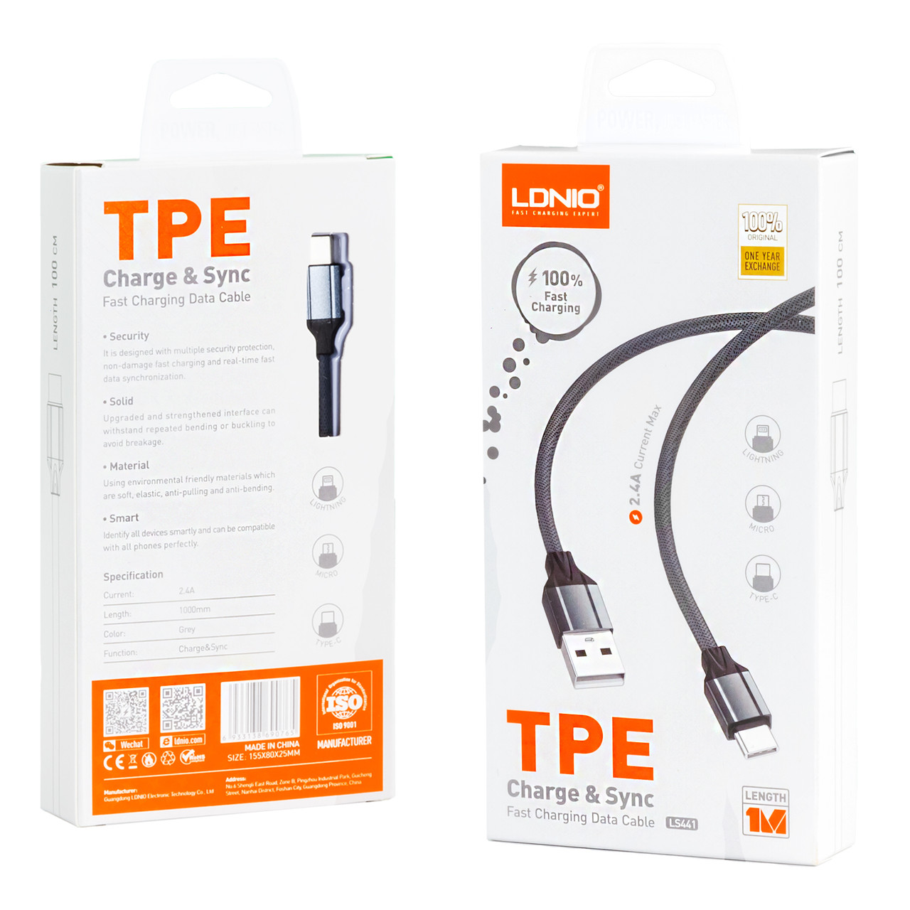 Кабель USB - Type-C LDNIO LS441 2.4A 1м сірий