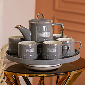 Чайний набір на 6 персон (з заварювальним чайником, чайником-заварником та керамічною підставкою), сірий.