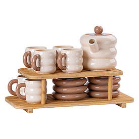Чайний сервіз на 6 персон з 2-ярусною бамбуковою підставкою