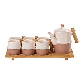 Чайний сервіз на 6 персон з бамбуковою підставкою коричневий