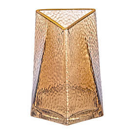 Декоративна трикутна скляна ваза із золотим обідком, 13 x 11,5 x 15,5 см.