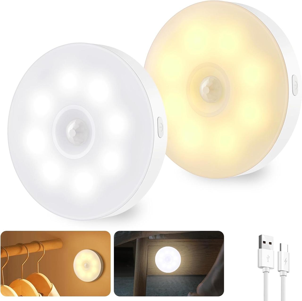 Внутрішній світильник з датчиком руху, Світлодіодне нічне світло, що перезаряджається, 2 кольори 3 режими Stick On Stair Lights, фото 1