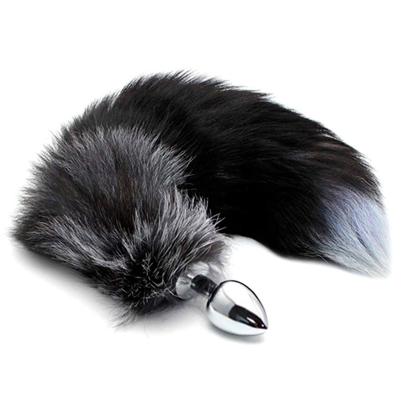 Металева анальна пробка Лисячий хвіст Alive Black And White Fox Tail M, діаметр 3,4 см, фото 1