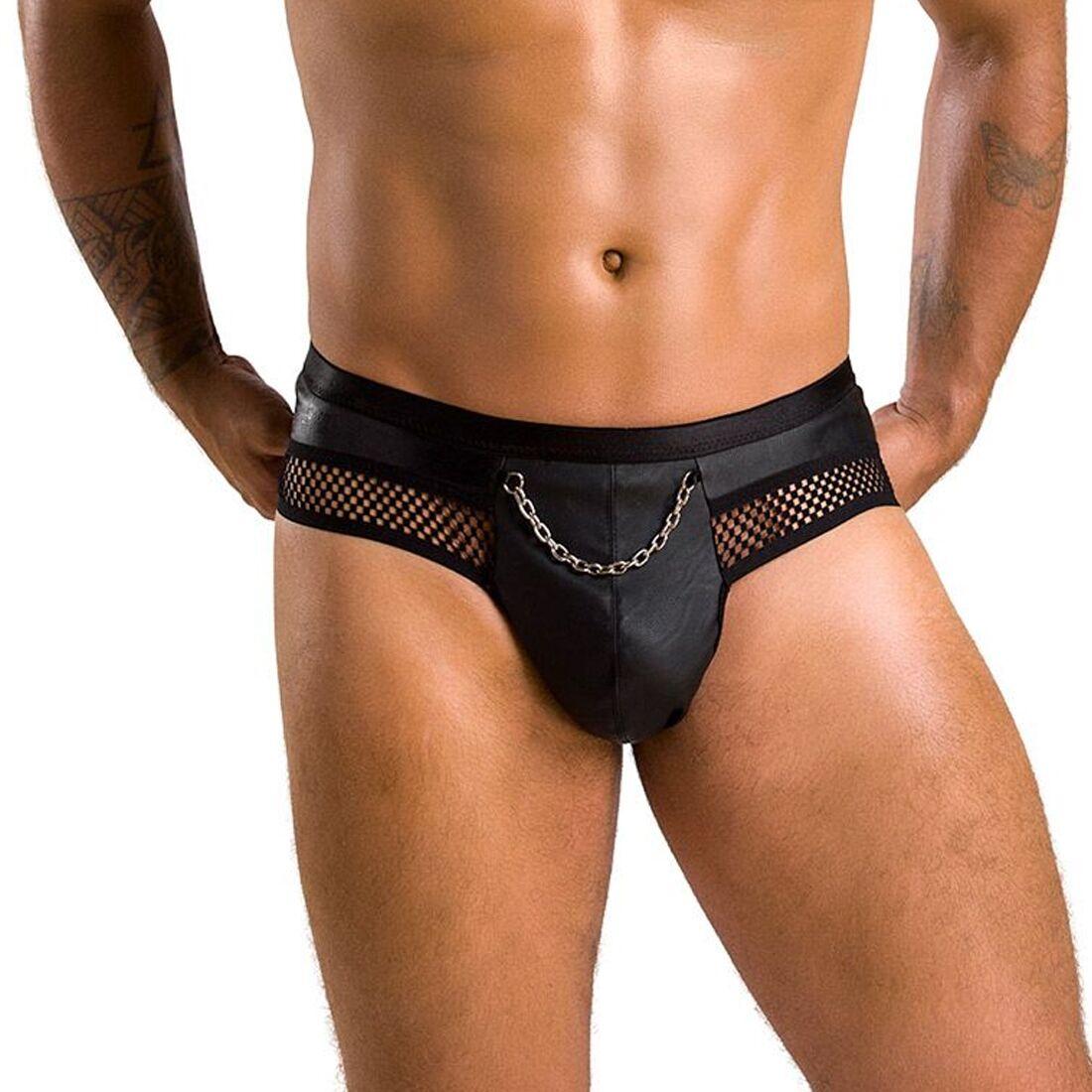 Чоловічі труси з ланцюжком Passion 030 SLIP TOM L/XL Black, екошкіра, відкриті сідниці, фото 1