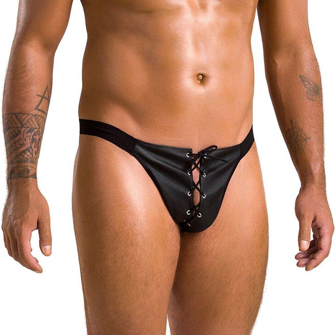 Чоловічі сліпи на шнурівці Passion 044 SLIP BEN S/M Black, екошкіра, люверси, фото 1