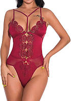 Жіноче мереживне боді бордового кольору з елементом портупеї на грудях