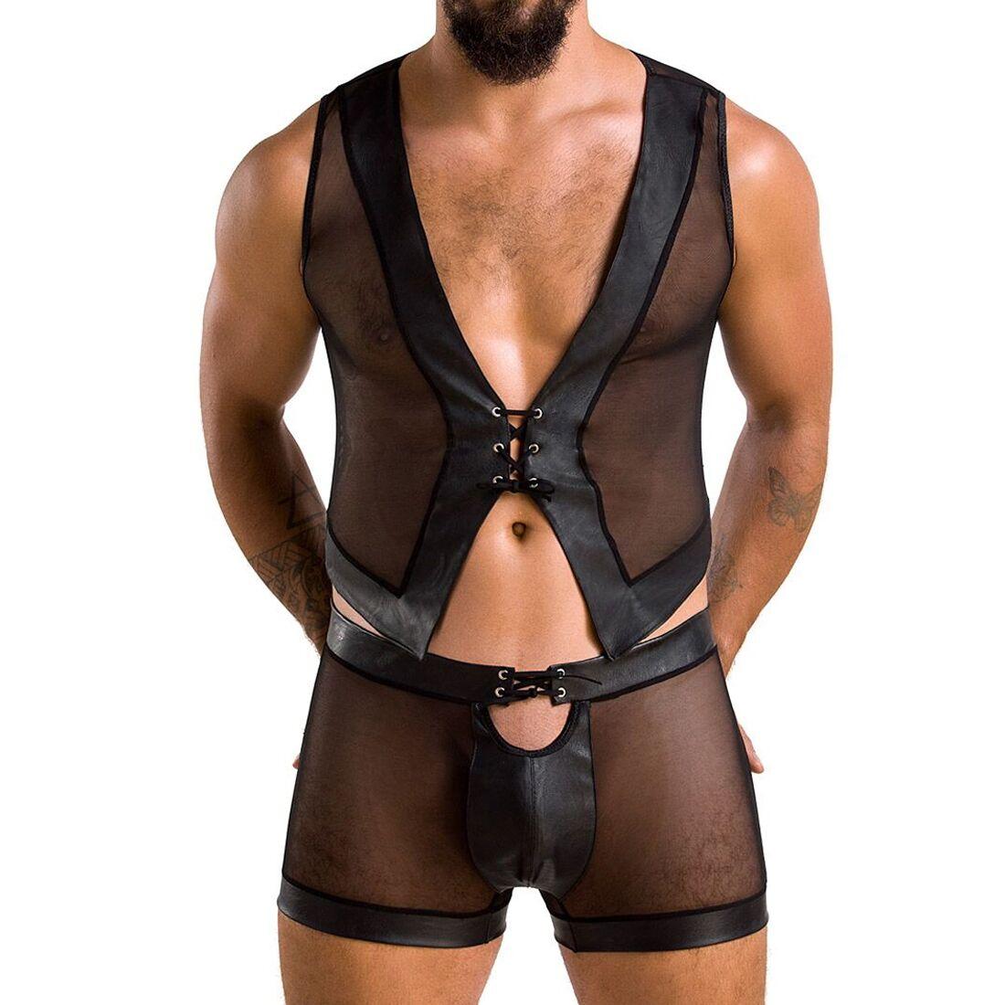 Комплект чоловічої білизни на шнурівці Passion 053 SET WILLIAM L/XL Black, жилет, боксери, фото 1