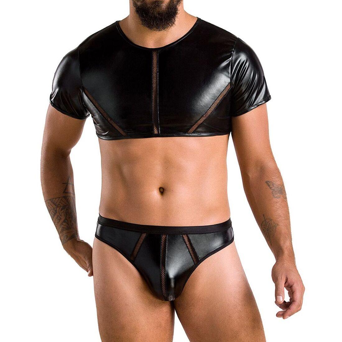 Комплект чоловічої білизни під латекс Passion 057 SET PETER XXL/XXXL Black, кроп-топ, стринги, фото 1