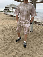 Спортивний костюм чоловічий оверсайз літній весняний футболка шорти з вареним ефектом бежевий