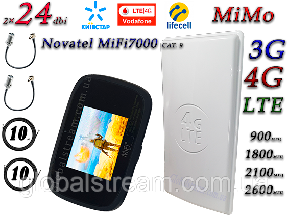 Комплект для 4G/LTE/3G c Novatel MiFi 7000 LTE Cat 9 до 450 мб/с і Антена планшетна MIMO 2×24dbi (48дб)
