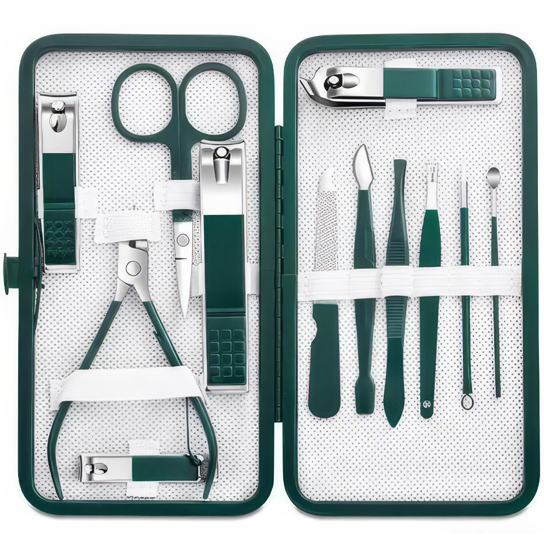Манікюрний набір з 12 предметів у чохлі Зелений Набір інструментів для манікюру та педикюру, фото 1