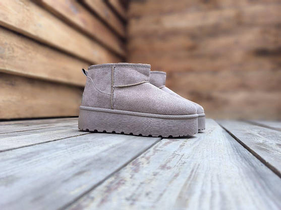 Уги UGG короткі черевички теплі БІЖОВІ KHAKI на високій підошві екозамша жіночі зима, фото 5