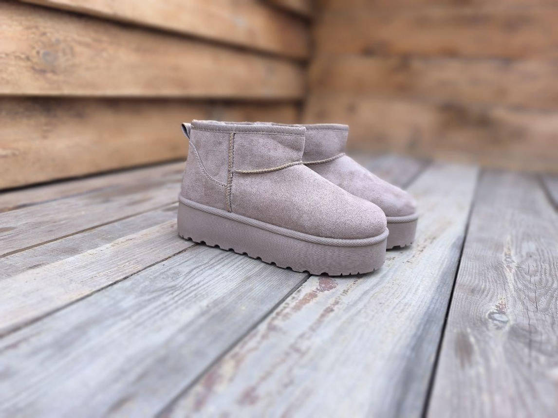 Уги UGG короткі черевички теплі БІЖОВІ KHAKI на високій підошві екозамша жіночі зима, фото 1