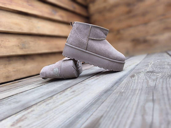 Уги UGG короткі черевички теплі БІЖОВІ KHAKI на високій підошві екозамша жіночі зима, фото 4
