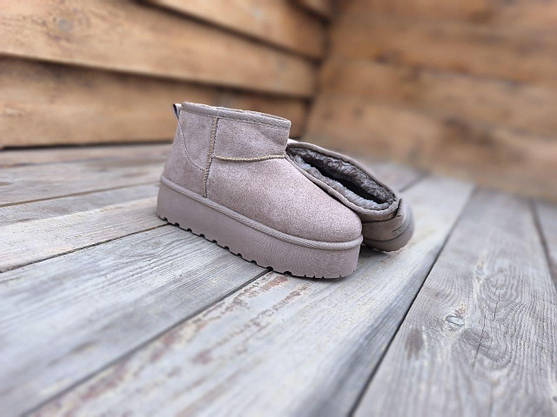 Уги UGG короткі черевички теплі БІЖОВІ KHAKI на високій підошві екозамша жіночі зима, фото 6