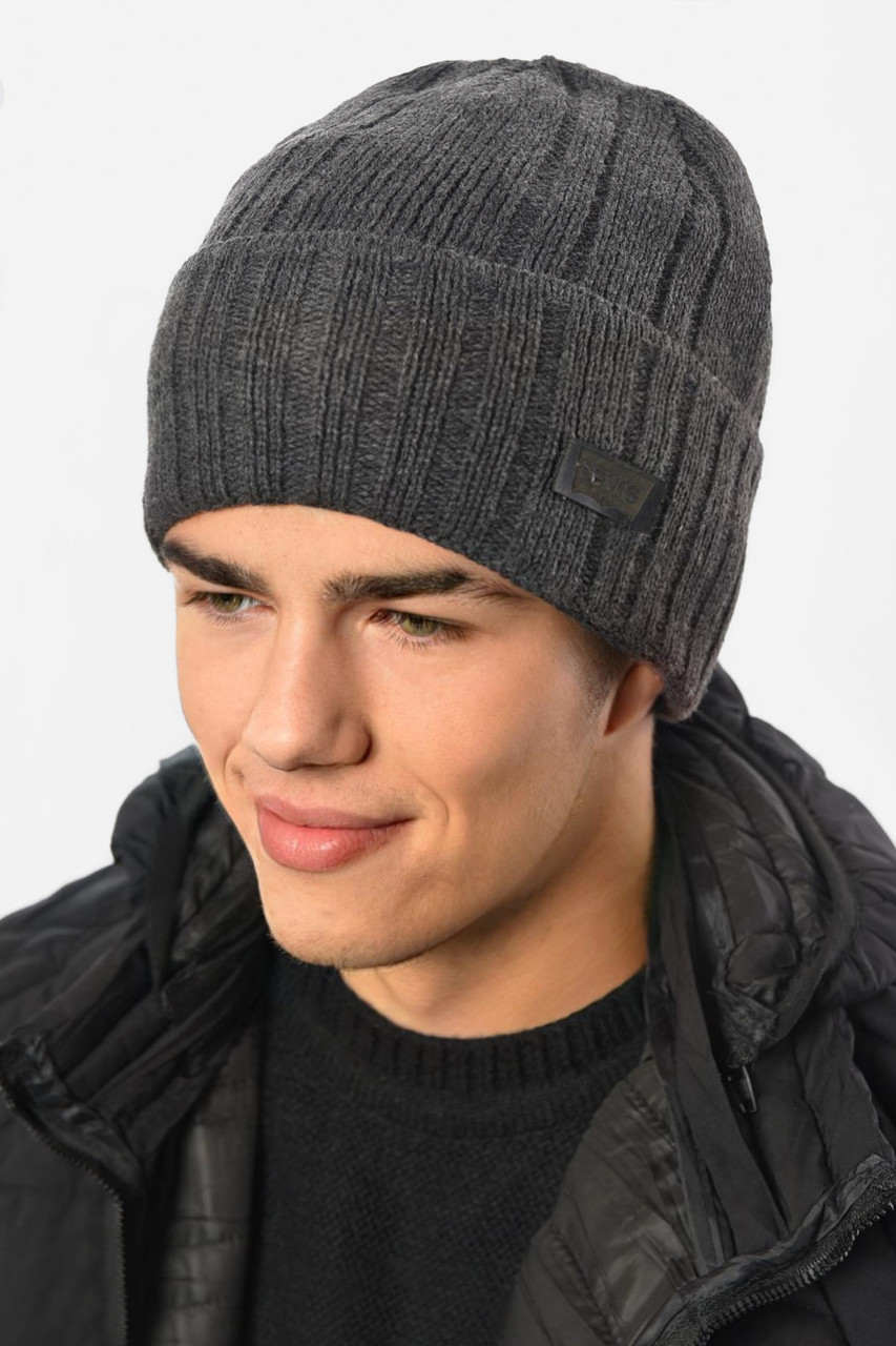 Шапка чоловіча з підворотом на флісе сірого кольору 191784M, фото 1