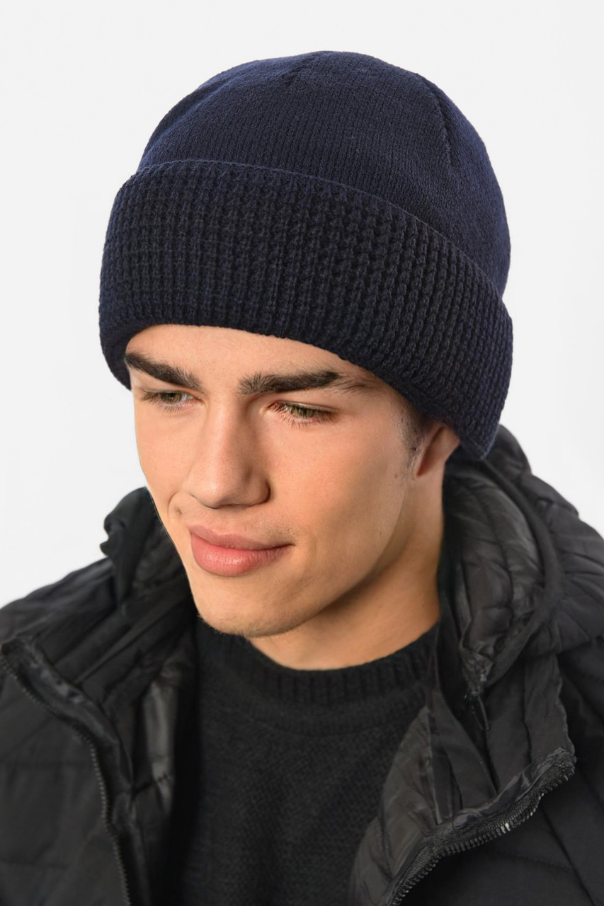 Шапка чоловіча з підворотом на флісе темно-синього кольору 191785M, фото 1
