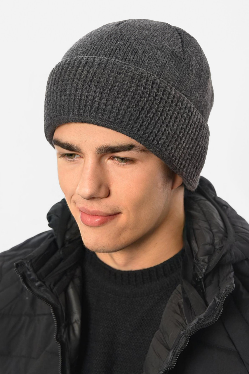 Шапка чоловіча з підворотом на флісе сірого кольору 191786M, фото 1