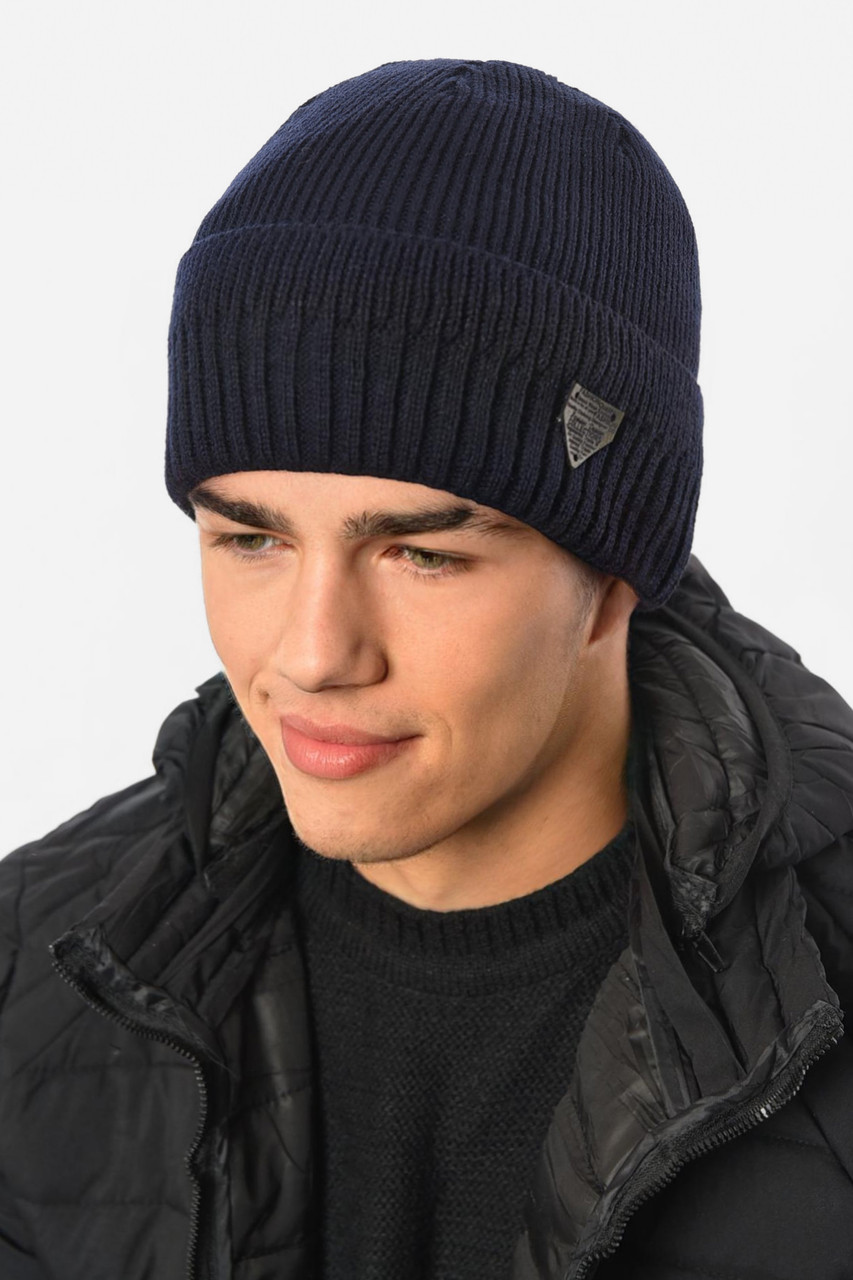 Шапка чоловіча з підворотом на флісе темно-синього кольору 191795M, фото 1