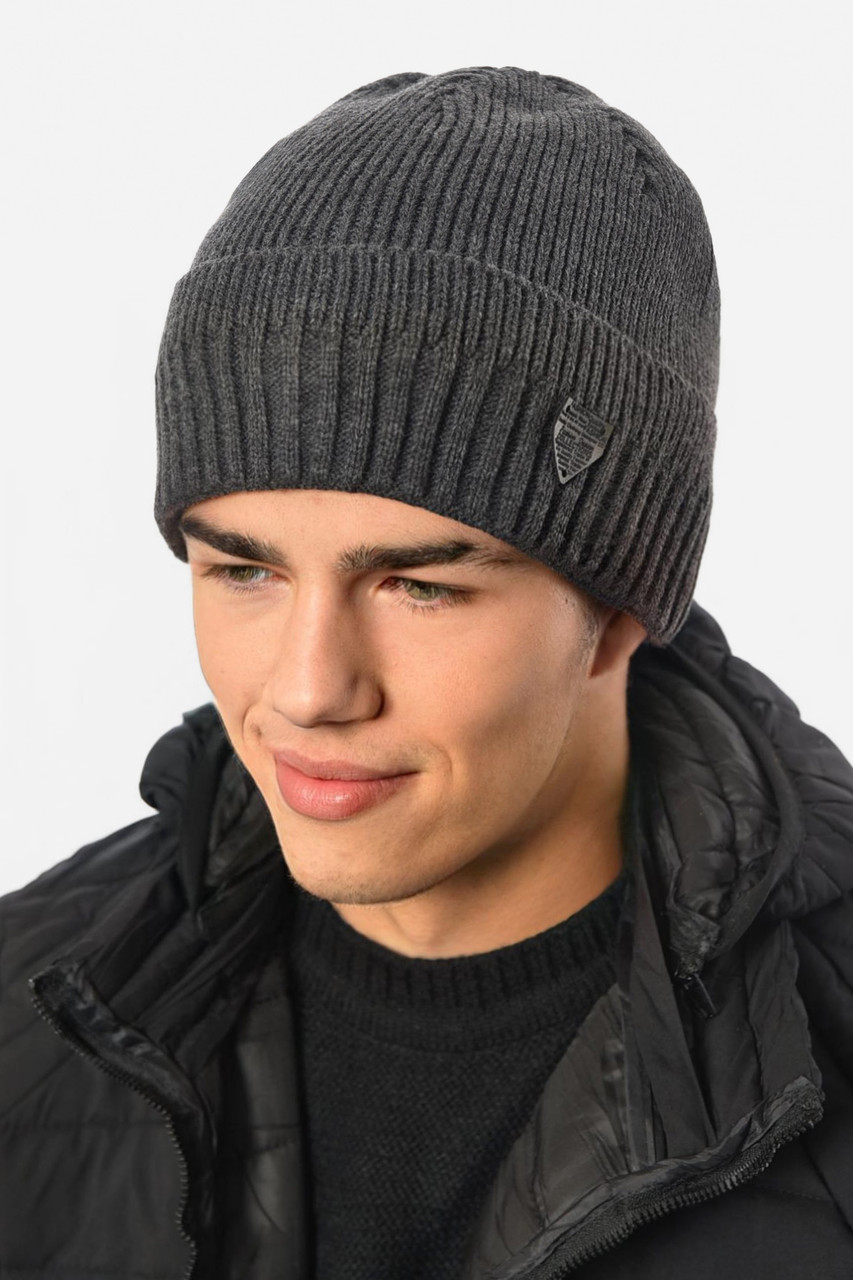 Шапка чоловіча з підворотом на флісе сірого кольору 191796M, фото 1
