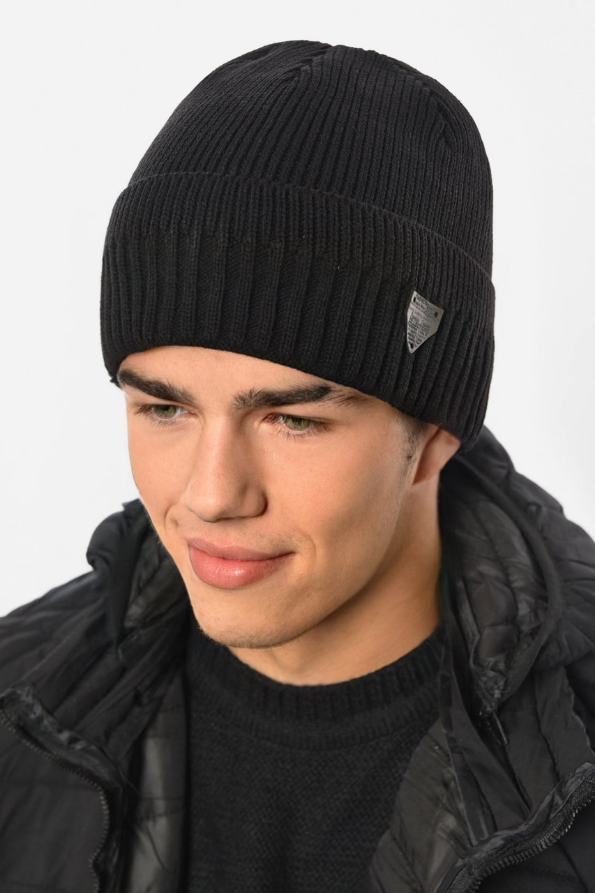Шапка чоловіча з підворотом на флісе чорного кольору 191797M, фото 1