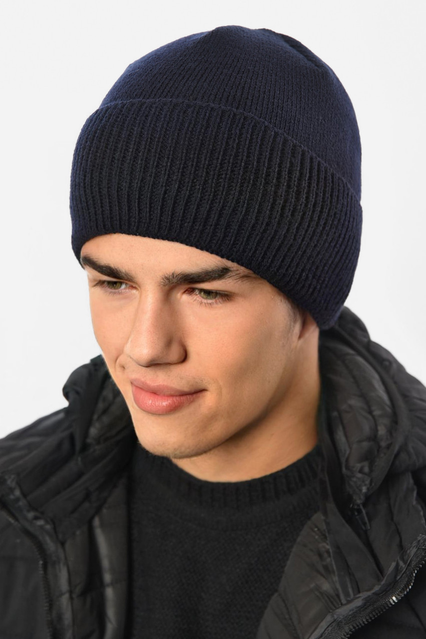 Шапка чоловіча з підворотом на флісе темно-синього кольору 191803M, фото 1