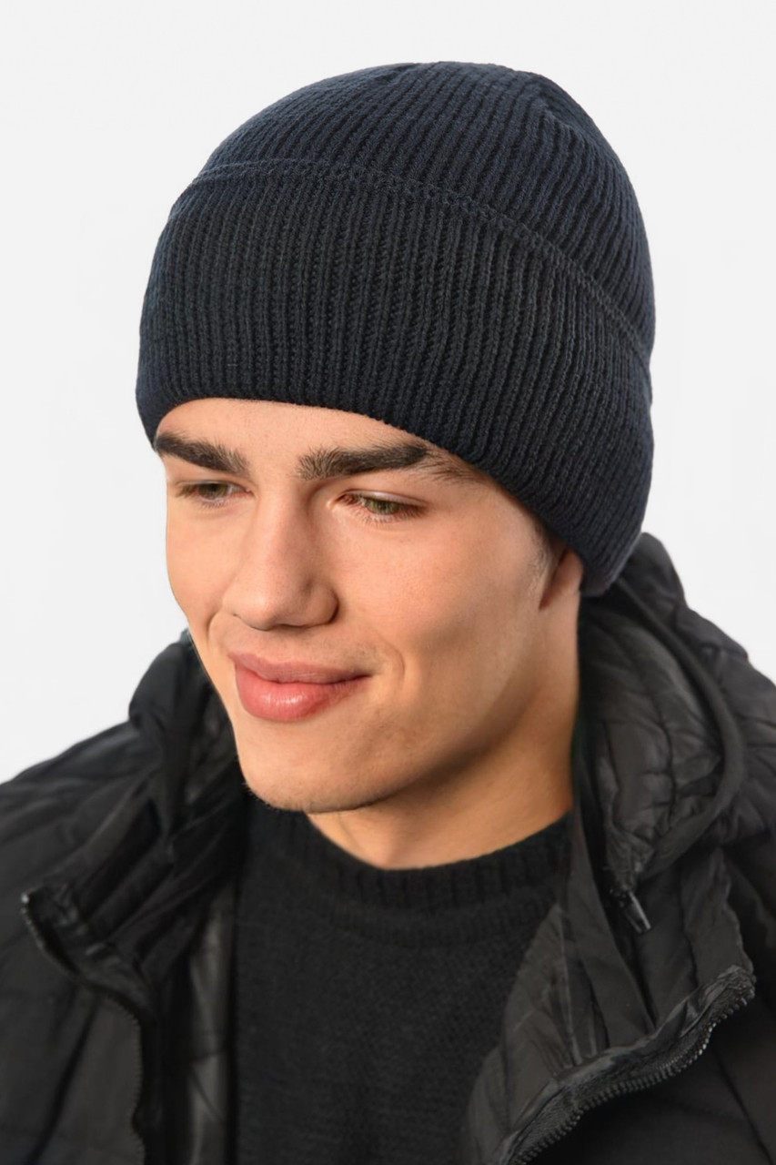Шапка чоловіча з підворотом на флісе темно-синього кольору 191806M, фото 1