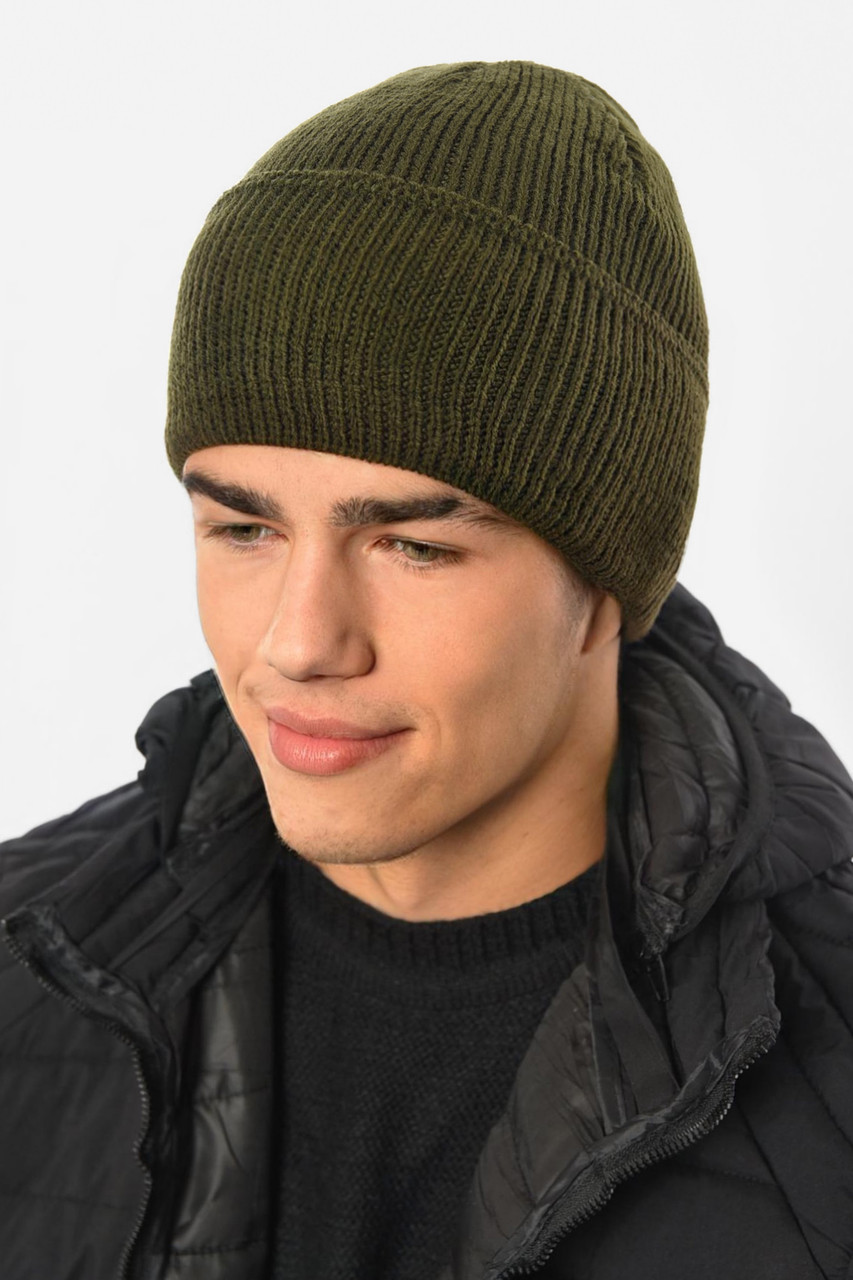 Шапка чоловіча з підворотом на флісе кольору хакі 191807M, фото 1