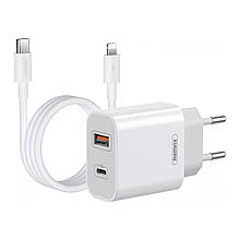 Мережевий зарядний пристрій Remax USB-C 20W PD + USB-A QC3.0 з кабелем Type-C до Lightning (RP-U68+cable)