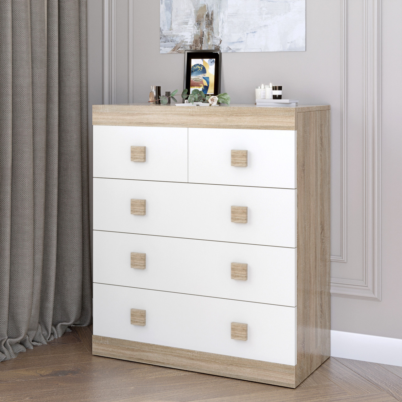 Комод для речей Еверест на 5 ящиків Соната-3 80х38х94 дуб сонома + білий (DTM-2031), фото 1