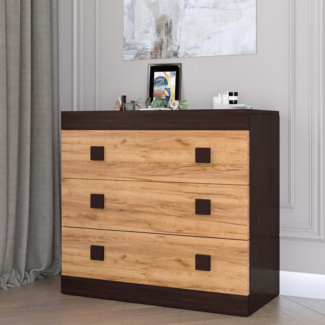 Комод Еверест на 3 ящики Соната-1 80х38х75 венге темний + дуб крафт золотий (DTM-2045), фото 1