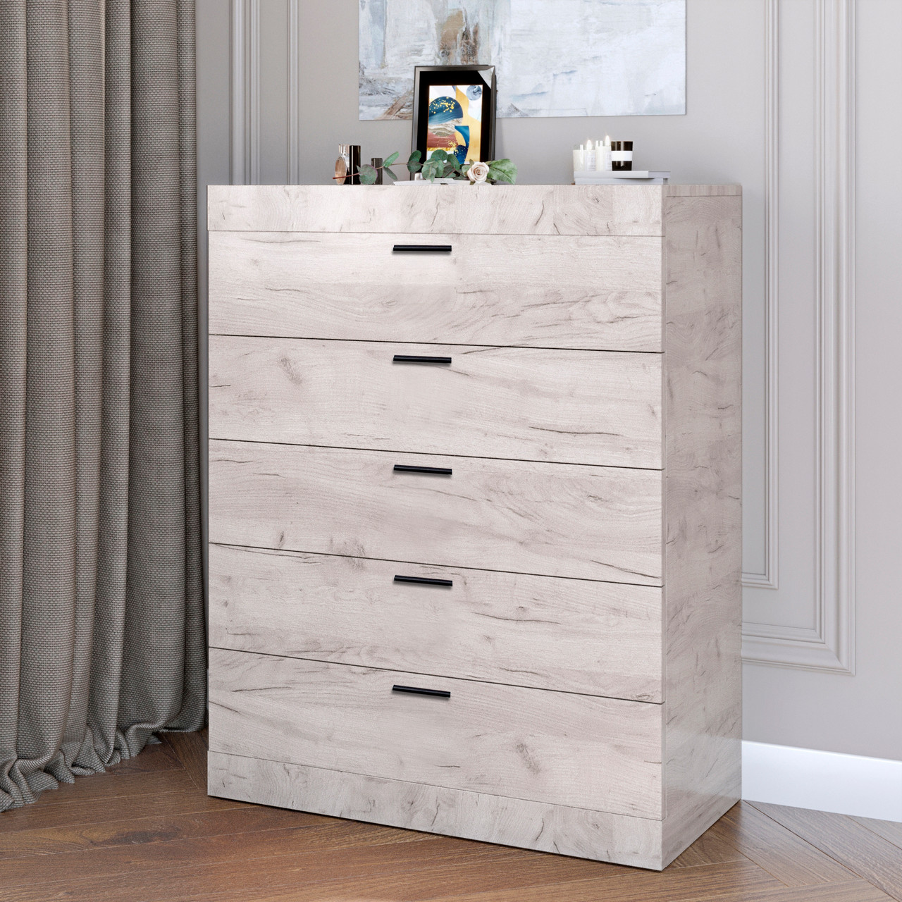 Високий комод Еверест на 5 ящиків Соната-2 80х38х101 дуб крафт білий (DTM-2695), фото 1