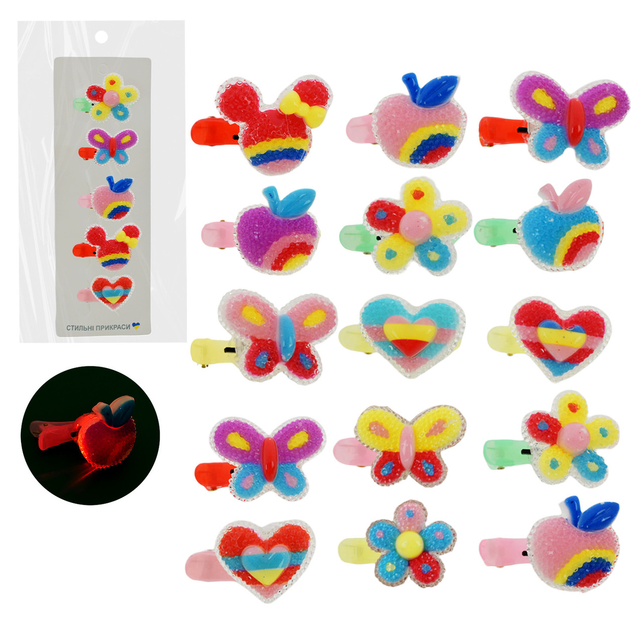 Аксесуари для дівчаток CEL-2414, 5 заколок, світяться, мікс видів, батарейки в комплекті, фото 1