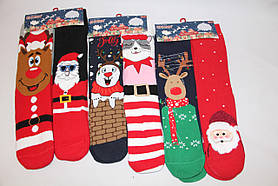 Женские носки махровые высокие ЕКМЕН ЛП 36-41  м-4 кот на розовом,медведь гирлянда,олень в зеленом,SANTA на красном