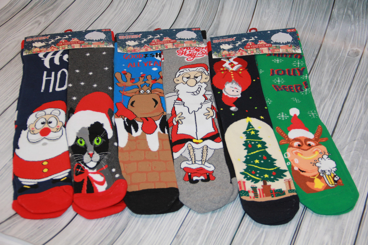 Женские носки махровые высокие ЕКМЕН ЛП 36-41 м-8 Д,М,НО-НО,кот в шапке,елка,бык с пивом,олень с языком,Д.М.без штанов, фото 1