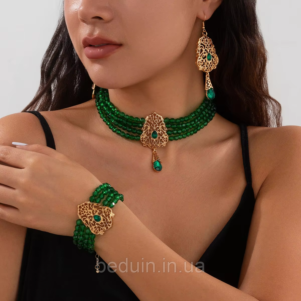 Комплект східних прикрас: намисто, сережки, браслет "Melek" набір — зелені Aushal Jewellery, фото 1