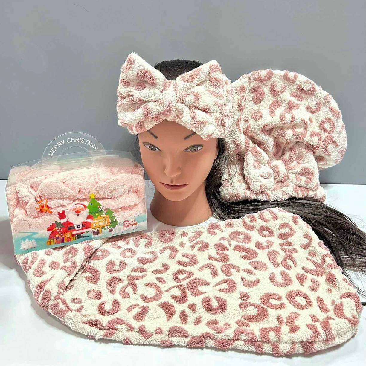 Жіночий набір для душу Леопардовий (шапка-рушник, пов'язка, рушник-тюрбан) МК Cosmetics, фото 1