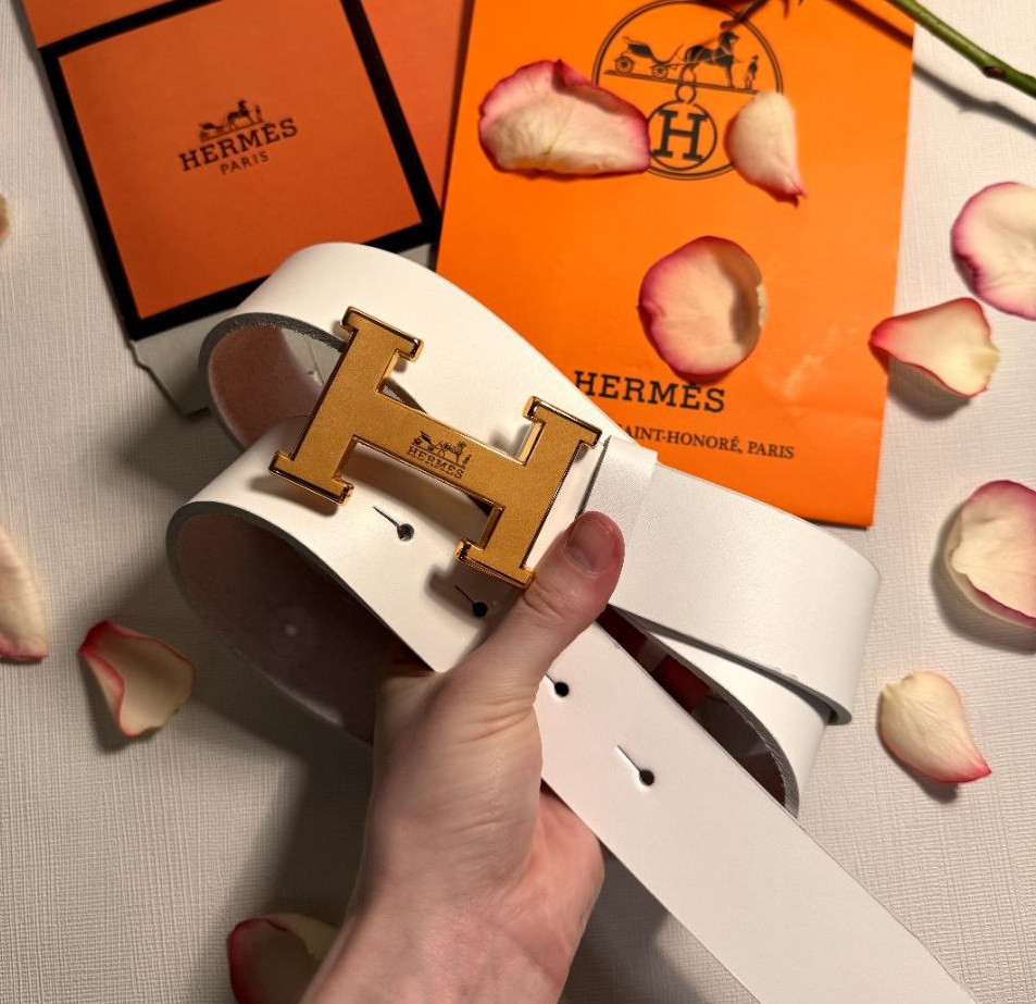 Ремінь брендовий шкіряний Hermes ширина 40 мм., білий, пряжка золото, 930380